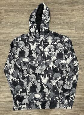 Fresh Prints All-Over Anime Manga Print Graphic Hoodie Black White Men's Size M